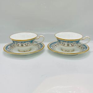  【3965】未使用品 ノリタケ Noritake アルマンド ボーンチャイナ カップ＆ソーサー 2客 金彩 唐草模様 ブルー ALLEMANDE 定価16500円 