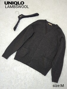 美品　UNIQLO　LAMBSWOOL　チャコールグレー　M カーディガン ニット グレー トップス セーター 長袖 ニットカーディガン