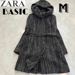 ザラ ベーシック　zara basic レディース　ヘリンボーン　ウールコート　アウター　フーディ　上着　黒・ブラック×グレー・灰色　Mサイズ