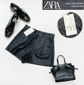 未使用品 /S/ ZARA ブラック ショートパンツ レディース タグ カジュアル アウトドア フェミニン 大人可愛い フェイクレザー デイリー ザラ