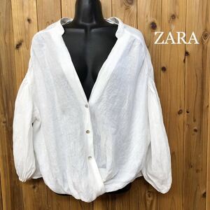 ZARA /ザラ /レディースS 長袖シャツ トップス カットソー ブラウス リネンシャツ Ｖネック スキッパー 美ライン 春夏服