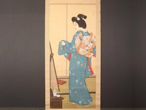 【模写】【伝来】sh7424〈中山秋湖〉超大幅 美人図 水野年方師事 浮世絵作家 東京の人
