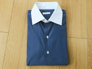 【良品】デザインワークス＊ストライプ柄クレリックワイシャツ＊白×紺＊38/15