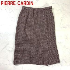 A2318 ピエールカルダン ひざ丈スカート ウール pierre cardin 総柄 裏地あり ブラウン スリット ストレッチ チェック 茶色 L