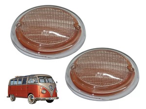 純正品 空冷VW フロント ウインカー レンズ & 偏向レンズ フラッシャー ペア 2個セット アンバー クリア 1962~67年式 バス T2 ワーゲン