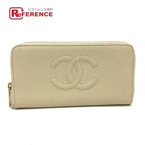 CHANEL シャネル A13228 CC ココマーク ラウンドファスナー ロングウォレット 長財布 キャビアスキン ベージュ系 レディース【中古】