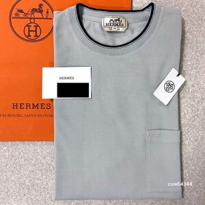 国内正規品 2023～24現行 未使用 XXL Hermes エルメス サドルステッチ Hロゴ刺繍 ポケット 半袖 Tシャツ ライトグレー系 ブランドタグ