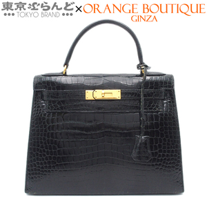 101745335 エルメス HERMES ケリー 28 外縫 クロコダイル ヴィンテージ 〇N刻印 ブラック ゴールド金具 ポロサス ハンドバッグ レディース