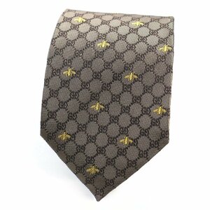 極美品○GUCCI グッチ 545078 シルク100% GGビー/ハチ ロゴ刺繍 ネクタイ ブラウン系 総柄 148×7 イタリア製 正規品 メンズ