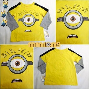 ミニオンズ　minions　子供　長袖　ロンＴ　重ね着風　フェイス柄　4T　100cm　海外輸入　ユニバ　ミニオン　キャラクター　USJ　顔