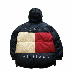 【希少】90s TOMMY HILFIGER トミーヒルフィガー ダウンジャケット メンズ L 紺/白/赤 ビッグフラッグ ロゴ フード パーカー 中綿 ナイロン