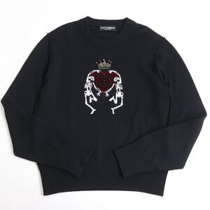 美品◆DOLCE＆GABBANA ドルチェ＆ガッバーナ スカルビーズ クルーネック ウールニット/セーター ブラック 50 伊製 正規品 メンズ