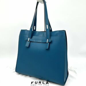 【現行モデル/未使用級】FURLA フルラ ジョーヴェ GIOVEトート ハンドバッグ 肩掛け ビジネス A4可 大容量 ロゴ 本革 レザー ブルー メンズ