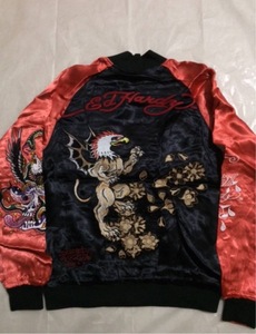 【新品未使用品、正規品、本物】 Ed Hardy エド・ハーディー スカジャン リバーシブル ブラック サテン 刺繍 サイズS