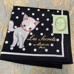 LADUREE ラデュレ ハンカチ ねこキャット×いぬドック ドット水玉 ブラック黒 未使用