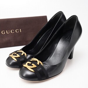 GR0456*イタリア製《GUCCI グッチ》37.5(24.5cm相当) レザーパンプス ダブルG GGロゴ インターロッキング 225345 靴 ブラック