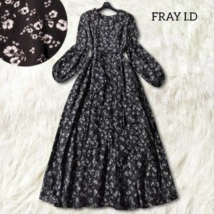 54 【FRAY ID】 フレイアイディー 花柄 ロングワンピース F 黒 ブラック 総柄 フラワー 小花柄 フレア 長袖 Aライン ベルト 大人可愛い