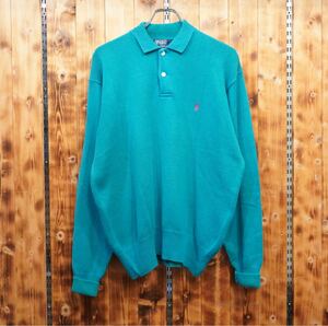 90s ralphlauren コットン　ニットポロシャツ　L/ラルフローレン　ターコイズ