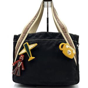 1円 プラダ PRADA ハンドバッグ トートバッグ ブローチ オーストリッチ 三角プレート 三角ロゴ テスートナイロン ブラック 黒 レディース