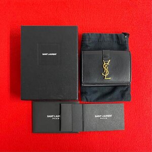 極 美品 箱 袋付き YVES SAINT LAURENT イヴサンローラン YSL ロゴ 金具 レザー 本革 三つ折り 財布 ミニ ウォレット ブラック 34714