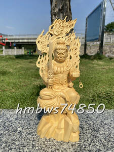 美品 仏教美術 不動明王 坐像 精密細工 ヒノキ檜木 自然木 仏像 職人 手作り 置物 彫刻 美術品 東洋彫刻 高さ34cm