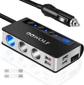 QC3.0(黒+灰) OOWOLF シガーソケット 3連 4ポート付き USB充電器 最大180W スマートIC 急速充電 増設 