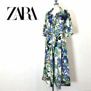 R1345-O◆ ZARA ザラ フレアワンピース ベルト 総柄 花柄 半袖 ロング 開襟◆sizeL コットン グリーン