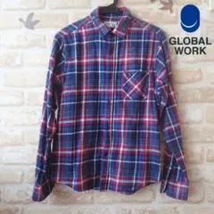 ★GLOBAL WORK★中古★チェック 柄 長袖 シャツ★ネイビー系★M