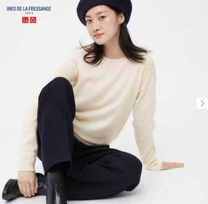 [新品]レディース UNIQLOユニクロxINES DE LA FRESSANGイネス・ド・ラ・スレサンジュ カシミヤ クルーネックセーター 長袖 M オフホワイト 