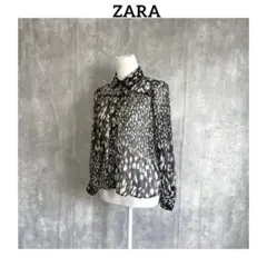 ZARA ザラ　レオパード　豹柄　レースパイピング　襟付き　シアー　長袖　シャツ