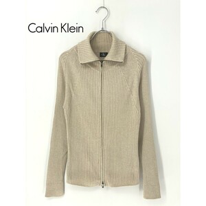 A8763/春夏 Calvin Klein カルバンクライン コットン 長袖 タートルネック ジップアップ ニット リブ カーディガン L ベージュ レディース