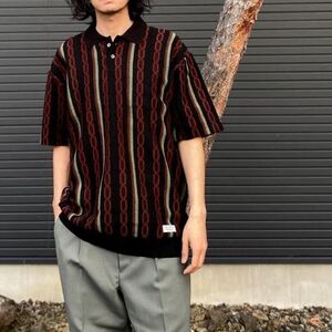 新品 WACKO MARIA 24SS KNIT POLO SHIRT 総柄 ニット ポロシャツ 24SS-WMK-KN20 ワコマリア XL ブラック