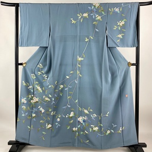 訪問着 身丈159.5cm 裄丈64cm M 袷 落款 枝花 青灰色 正絹 秀品 【中古】