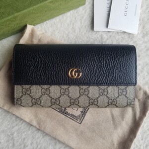 新品 GUCCI グッチ GGマーモント スプリーム フラップ 長財布 ブラック/ベージュ＆エボニー 456116 17WAG 1283