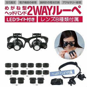 LEDライト付き メガネ型ルーペ ヘッドルーペ 左右独立角度調整 レンズ8種類付属 2.5倍/4倍/6倍/8倍10倍/15倍/20倍/25倍 LPXK8G9892