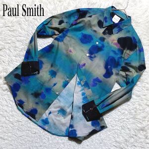 大人のお洒落☆ Paul Smith ポール・スミス 長袖シャツ ドレスシャツ 美品 総柄 現行タグ Ink spill 22s インク柄 希少サイズ 人気 XL