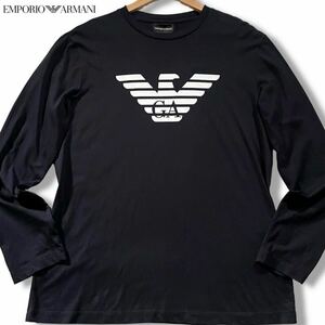 極美品/XLサイズ●エンポリオ アルマーニ 長袖Tシャツ ロンT カットソー EMPORIO ARMANI ストレッチ 薄手 イーグルロゴ 黒 ブラック