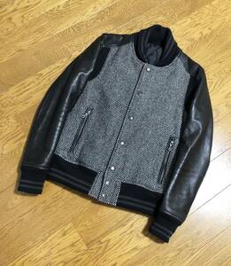 美品☆[5351 POUR LES HOMMES] 14AW 定価59,400 ウール×ストレッチ 袖レザースタジャン バーシティジャケット 1 5351プールオム