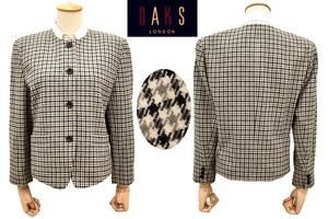 L-2009★DAKS LONDON ダックス ロンドン★秋冬 カシミア ウール 日本製 マルチカラー チェック ノーカラー ジャケット ブレザー 9号 M