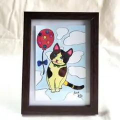 「風船を見上げる三毛猫」　原画　イラスト　ハンドメイド