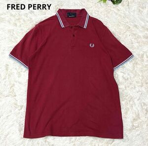 【44サイズ】FRED PERRY フレッドペリー ポロシャツ バイカラー ロゴ刺繍 イングランド製 大きいサイズ バーガンディ メンズ