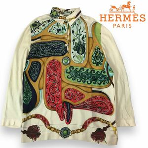 m75 HERMES エルメス シルク ニット ポロシャツ 長袖シャツ ブラウス トップス silk コットン 100% L 正規品 ヴィンテージ