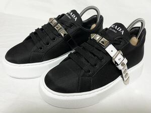 希少 ほぼ未使用 プラダ PRADA STUDDED BUCKLE スタッズ ナイロン レザー ベルト 厚底 スニーカー 35 21.5～22㎝ レディースシューズ 靴