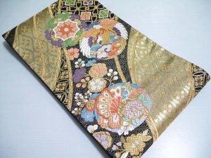 【KIRUKIRU】美品 袋帯 正絹 黒地 ゴールド系 金糸 鳥 蝶 花輪 振袖 着物 和装 着付け 呉服 成人式 結婚式