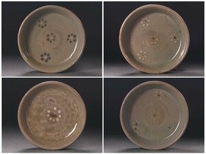 ∇花∇高麗～李朝初期頃 高麗青磁象嵌小皿四客 粉青沙器