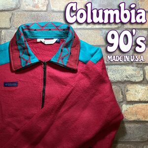 ★90’s USA製★正規品★【Columbia コロンビア】Radial Sleeve フルジップ フリースジャケット【メンズ M】ピンク グリーン LA1-104