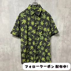 古着 used　半袖総柄シャツ　葉っぱ柄　黒　緑