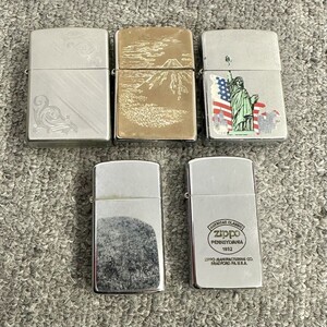 H065 まとめ ▲ Zippo ジッポー オイルライター 5点セット 自由の女神 山 スリム シルバー ゴールド 他 喫煙具 4点火花あり