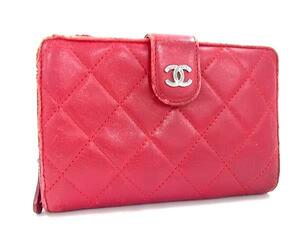 1円 CHANEL シャネル ココマーク マトラッセ ラムスキン 二つ折り 財布 ウォレット 札入れ 小銭入れ レディース レッド系 FI4323