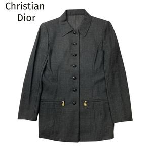 美品☆Christian Dior☆クリスチャンディオール ウールロングジャケット ゴールド金具 グレー サイズ9